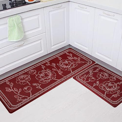 Kitchen Floor Mat Set of 2, Anti Fatigue Kitchen Mat 20"x32"+20"x47" - color: Red, size: 20"x32"+20"x48"