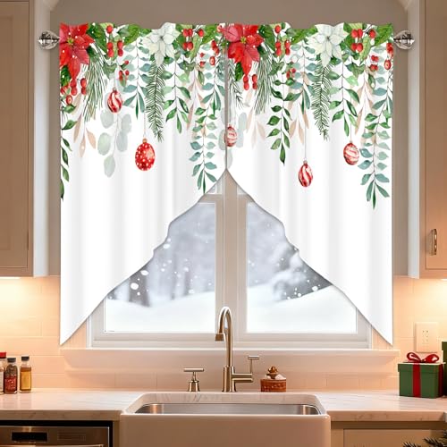 Christmas Ball Swag Valances 1 Pair, Window Treatment 28x36 in - color: Green Leaves-christmas, size: 28"W x 36"L (Pack of 2)