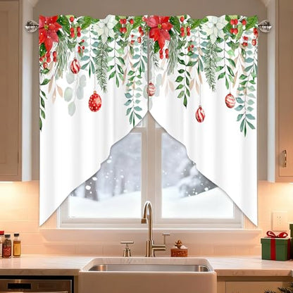 Christmas Ball Swag Valances 1 Pair, Window Treatment 28x36 in - color: Green Leaves-christmas, size: 28"W x 36"L (Pack of 2)