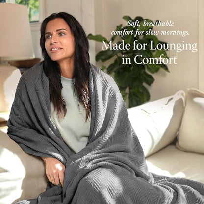 Threadmill Luxury 100% Cotton King Herringbone Blanket, Dark Grey - color: Dark Grey, size: King (106" x 92")