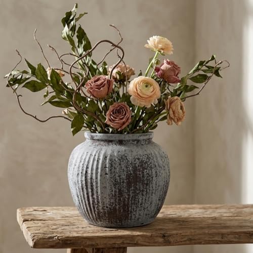 Oakrain Large Rustic Decorative Vase, 11" Distressed Gray Round Floor Vase