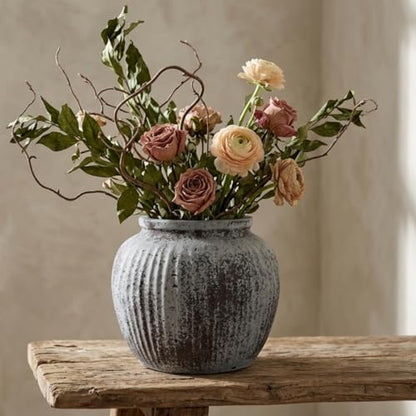 Oakrain Large Rustic Decorative Vase, 11" Distressed Gray Round Floor Vase