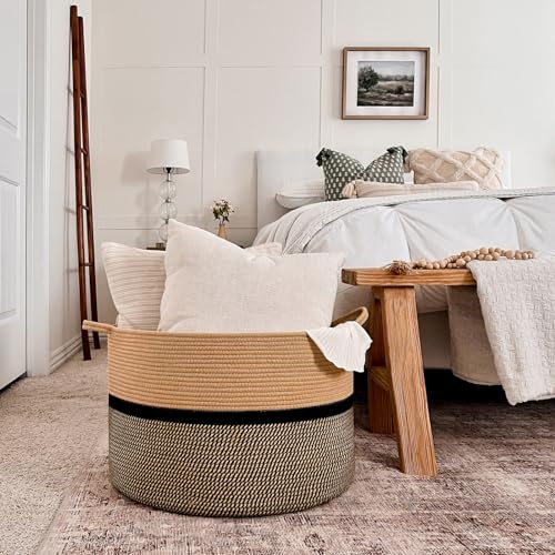 CHICVITA XXL Cotton Rope Woven Blanket Basket with Handles, Brown & Black - color: Brown and Black