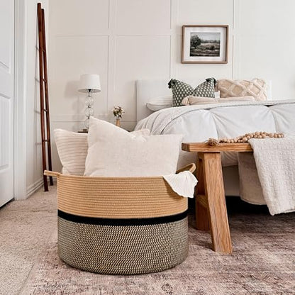 CHICVITA XXL Cotton Rope Woven Blanket Basket with Handles, Brown & Black - color: Brown and Black