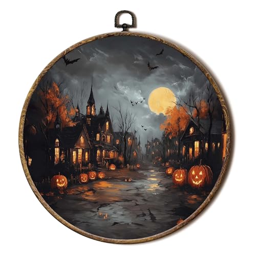 FSTCSV Spooky Halloween Round Wall Art Framed, Haunted House Pumpkin Canvas Prints Wall Hanging Art, Dark Academia Fall Halloween Circle Walls Decor for Haunted House Home Bedroom, 10x10in - color: color-3