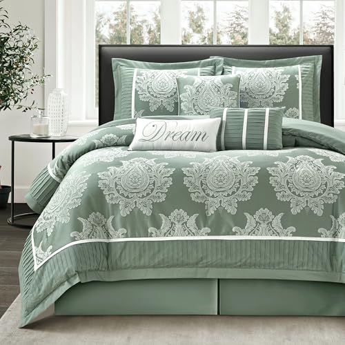 LANCO MODERN LIFESTYLE Sage Oversized Comforter Set 7 Pieces, Jacquard Woven with Damask, Bedding Set in a Bag Includes Comforter, Bed Skirt, Pillow Shams, and Decorative Pillows - color: Sage, size: Oversized(110''x96'')
