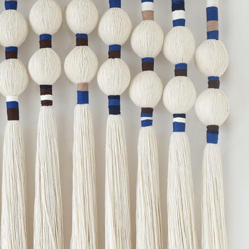 Macrame Wall Hanging Spherical Cotton Rope Woven Tassel Decor 27"W*29"L - color: White and Blue