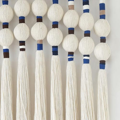 Macrame Wall Hanging Spherical Cotton Rope Woven Tassel Decor 27"W*29"L - color: White and Blue