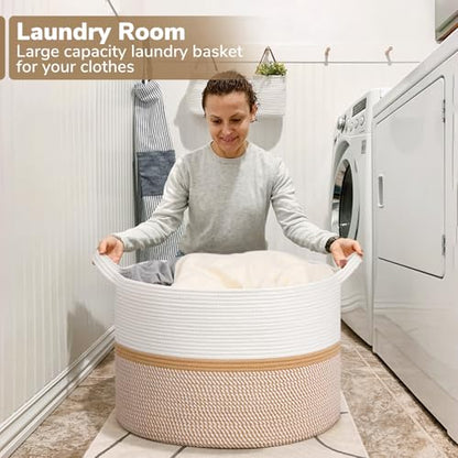 CHICVITA XXL Cotton Rope Woven Blanket Basket with Handles, White & Brown - color: White and Brown