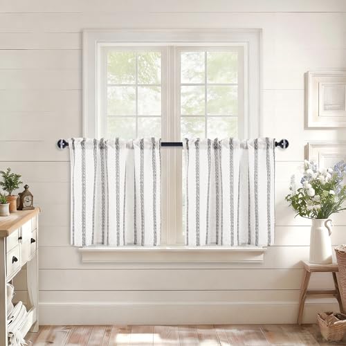 JIUZHEN Striped Linen Kitchen Curtains 2 Panels - Short Tier Drapes with Rod Pocket, Farmhouse Cafe Curtains for Small Windows 24 Inch Length, Wheat Stripe Grey - color: Wheat Stripe Grey, size: 26"W x 24"L (Pack of 2)