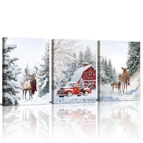 WENGTIAO 3Pcs Christmas Winter Snowy Forest Canvas Wall Art Prints 12"x16" - color: Holiday-christmas reindeer, size: 12"x16"x3Pcs