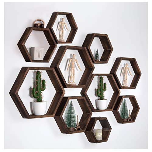 WONFUlity Hexagon Floating Shelves, Hexagonal Shelf Wall Mounted Storage - color: Brown, size: 8PC
