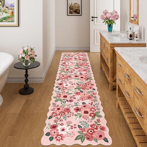 DUKINO 2x8 Washable Runner Rug, Floral Non Slip Kitchen Runner Rug, Pink - color: Pink (Big), size: 2' x 8' (Rectangular)