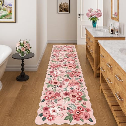 DUKINO 2x8 Washable Runner Rug, Floral Non Slip Kitchen Runner Rug, Pink - color: Pink (Big), size: 2' x 8' (Rectangular)