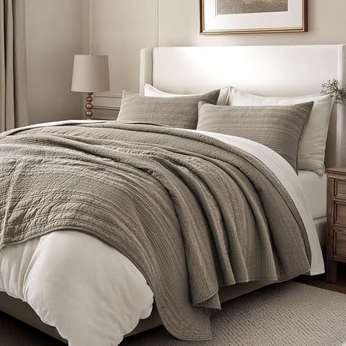 EVERGRACEHOME 100% Cotton Modern Lines Quilt Set Queen Size, Stone Taupe - color: Stone Taupe, size: Full/Queen (92" X 92")