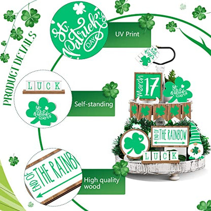 Jetec 12 Pcs St. Patricks Day Tiered Tray Decor Trefoil Shamrocks Wooden Gnomes Green Lucky Shamrocks Tiered Trays Table Signs for Irish Party St. Patrick's Day Tree Decorations - style: Trefoil