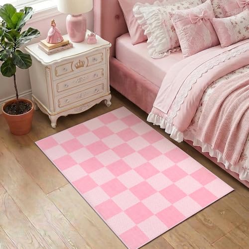 GarveeHome Checkered Pink 2x3 Washable Girls Rug Low-Pile Small Door Mat - color: Blush Pink, size: 2' x 3' (Rectangular)