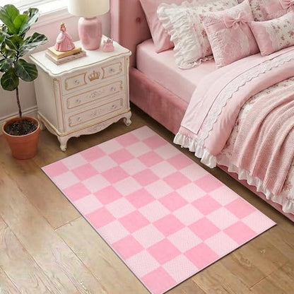 GarveeHome Checkered Pink 2x3 Washable Girls Rug Low-Pile Small Door Mat - color: Blush Pink, size: 2' x 3' (Rectangular)
