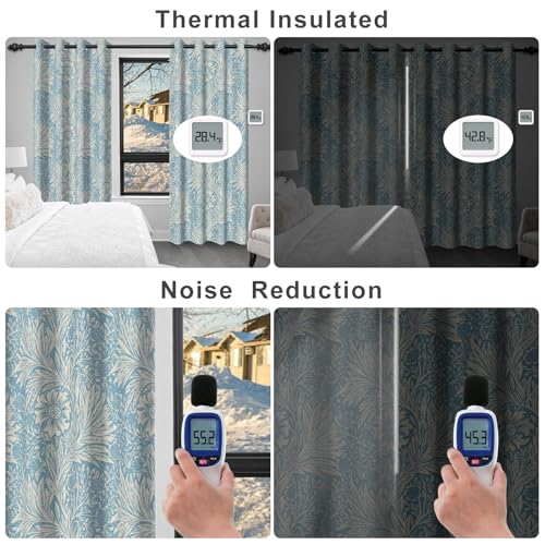 Blue Floral Blackout Curtains for Bedroom and Living Room, Farmhouse Summer Thermal Insulated Black Out Curtains 84 Inch Long with Two Tiebacks, Room Darkening Soundproof Bedroom Curtains 2 Panels Set - color: Blue Floral Pattern