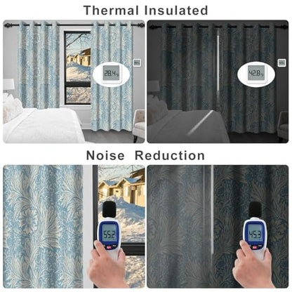Blue Floral Blackout Curtains for Bedroom and Living Room, Farmhouse Summer Thermal Insulated Black Out Curtains 84 Inch Long with Two Tiebacks, Room Darkening Soundproof Bedroom Curtains 2 Panels Set - color: Blue Floral Pattern