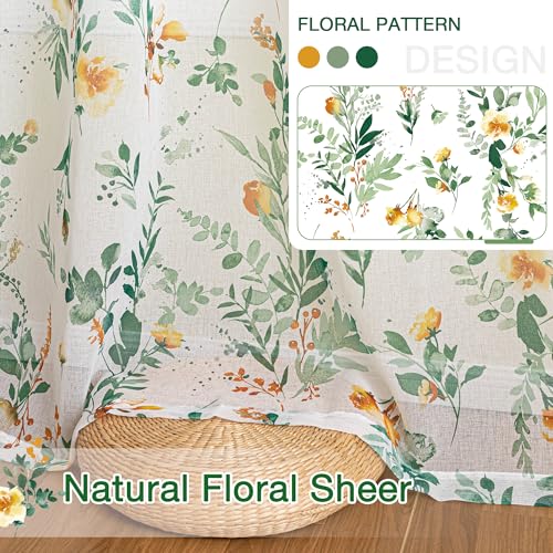 MYSKY HOME Green Floral Sheer Cafe Curtains 36 Inches Long - color: Green, size: 52"W x 36"L (Pack of 2)