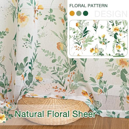 MYSKY HOME Green Floral Sheer Cafe Curtains 36 Inches Long - color: Green, size: 52"W x 36"L (Pack of 2)