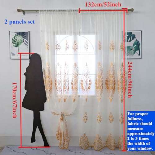 Amidoudou Rod Pocket Curtains European Luxury Sheer Embroidered Window Screening for Living Room Bedroom Tulle Curtains (Gold,52" W x 96" L (Pack of 2)) - color: Gold, size: 52"W x 96"L (Pack of 2)
