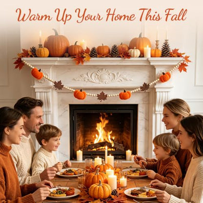 6.8 FT Fall Pumpkin Garland with Maple Leaves and Wood Beads, Autumn Decor - color: Pumpkin