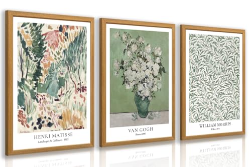 IAFWZX Wood Framed Morris Green Botanical Wall Art Set of 3, 12x16 in | Matisse and Van Gogh Vintage Sage Green Botanical Wall Decor, Mid Century Classic Art Prints, Timeless Decor for Art Lovers - color: VanGoghMatisseWilliam(Wood), size: 16"L x 12"W