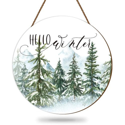 Whaline Christmas Hello Winter Wooden Hanging Sign Christmas Pine Trees Welcome Door Sign Xmas Winter Holiday Farmhouse Rustic Wreath Sign for Indoor Outdoor Home Wall Window Decor - style: Winter