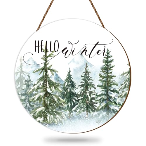 Whaline Christmas Hello Winter Wooden Hanging Sign Christmas Pine Trees Welcome Door Sign Xmas Winter Holiday Farmhouse Rustic Wreath Sign for Indoor Outdoor Home Wall Window Decor - style: Winter