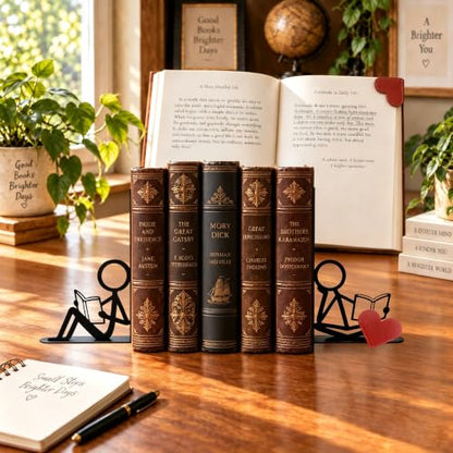 2 Pcs Metal Bookends and Heart Bookmark,Book Ends for Book Shelf,Two Reader - color: Black Siting Reader