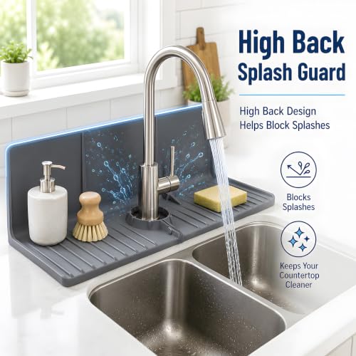 Gosmol Faucet Mat for Kitchen Sink - High Back Silicone Sink Splash Guard - color: Gray, size: 17.5x8.8 inch