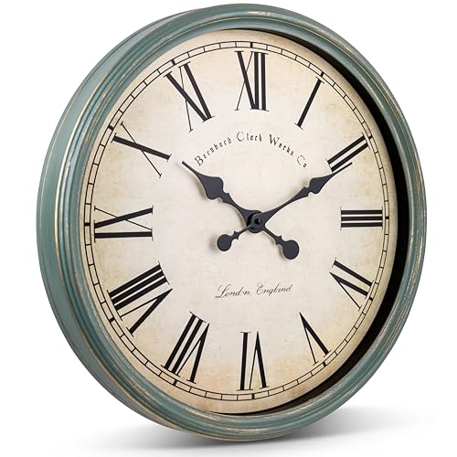 Bernhard Products Large Decorative Wall Clock 20 Inch Silent Non Ticking Battery Operated Quartz Vintage Stylish with Rustic Green Rim for Home Living/Dining Room Kitchen & Over Fireplace - style: Rustic Green