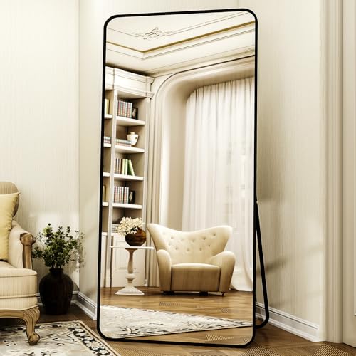 XRAMFY 76"x34" Floor Full Length Mirror Standing Full Body Rounded Corner Rectangle Mirrors with Stand Hanging Wall Mounted Leaning Bedroom Living Room Bedroom Cloakroom,Black - color: Black, size: 76"L x 34"W