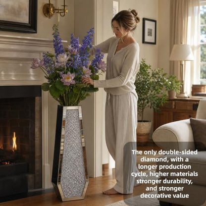 30" Large Double Sided Crushed Diamond Vases,Six Sided Diamond Shape Vase,Tall Silver Mirrored Vase for Floor, Crystal Decorative Vase for Home,Office,Hotel (Silver,10.6" Lx5.3 W x30 H)