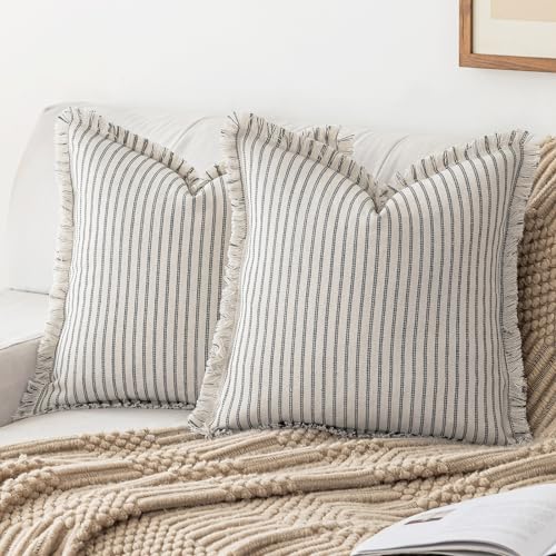 YEENAASY Throw Pillow Covers 16x16 Boho Striped Pillow Cases with Tassel - color: Grey, size: 16" x 16" (Pack of 2)