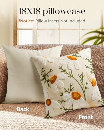 Embroidered Throw Pillow Cover, 18x18 Inch, Daisy - color: Daisy, size: 18" x 18" (Pack of 1)