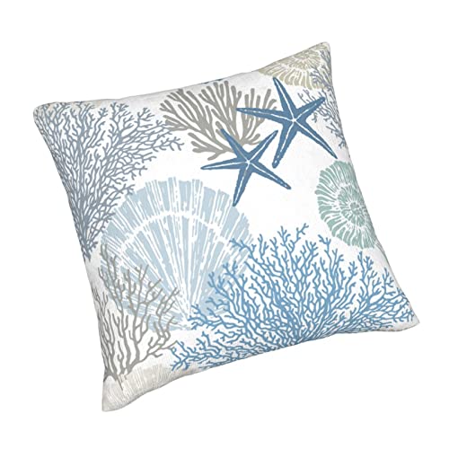 Summer Coastal Throw Pillow Covers 18x18 Inch Outdoor Decorative, Nautical Beach Ocean Themed Throw Pillows Blue Starfish Coral Pillowcase Farmhouse Square Cushion Cover for Home Couch Bed, Set of 2 - color: Starfish and Coral, size: 18" x 18" (Pack of 2)