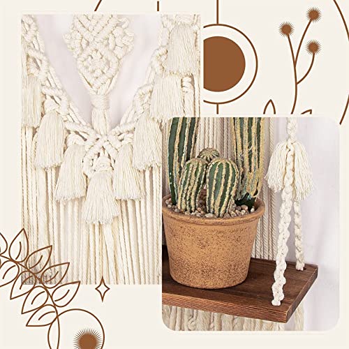 2-Tier Macrame Wall Hanging Shelf & Boho Decor, Wooden Floating Shelves - size: Large