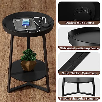 Gadroad Round End Table with Charging Station, Black - color: Black, size: 15.75"D x 15.75"W x 23"H (with Charging Station)