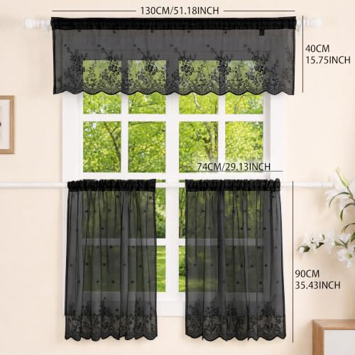 Molaxhome Kitchen Curtains Valance Black Lace Floral Semi Sheer Curtain - color: Black, size: 29"W x 35"L (Pack of 1)