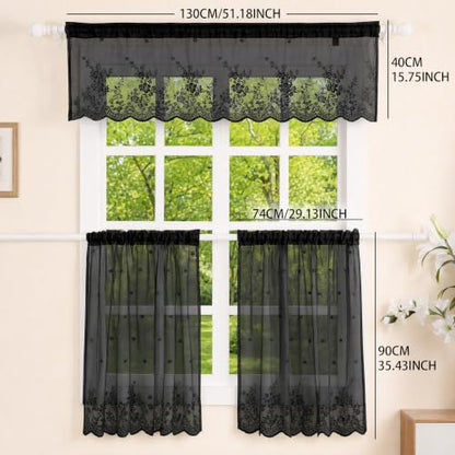 Molaxhome Kitchen Curtains Valance Black Lace Floral Semi Sheer Curtain - color: Black, size: 29"W x 35"L (Pack of 1)