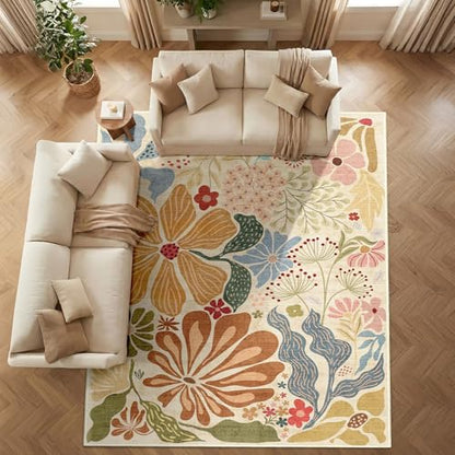 MUJOO 5x7 Area Rugs Washable Floral Rug Non Slip Low-Pile Beige - color: Beige, size: 5' x 7' (Rectangular)