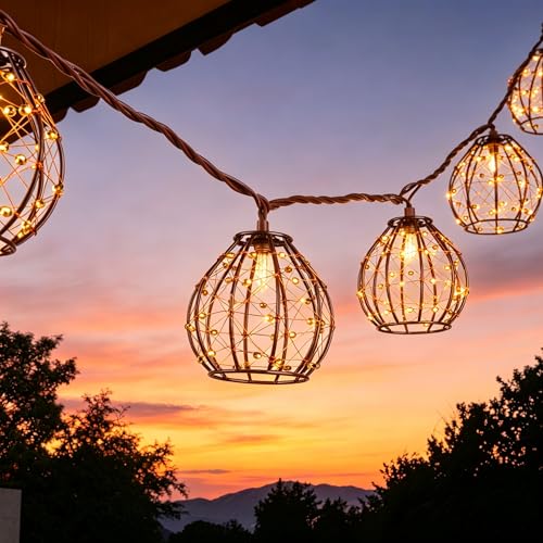 Tiki Boho Decorative String Lights, Plug-in 8.5FT 10-Light, Handmade Copper Wire Beaded Oval Ball, UL Listed Connectable IP54 Waterproof for Porch Balcony Garden Wedding Decor