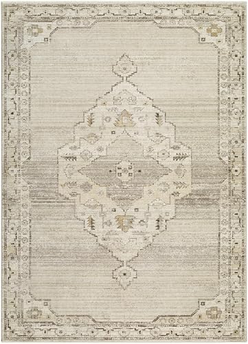 Hauteloom Sinclair Oriental Medallion Area Rug - Vintage Faded Look Traditional Floral Carpet for Living Room, Bedroom, Dining Room - Farmhouse - Ivory, Taupe, Sandstone - 6'7" x 9' - color: Light Gray, Off - White, Taupe / Havard, size: 6'7" x 9' (Rectan