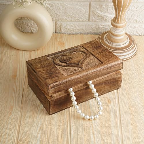 Ajuny Wooden Jewelry Box Heart Carved Keepsake Treasure Chest 8x5 Inch Case