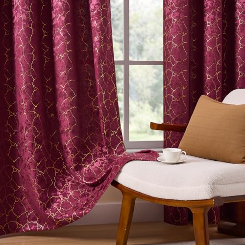 Burgundy and Gold Curtains 63 Inch Length 2 Panels Geometry Garnet Curtains Room Darkening Drapes Grommet Romantic Gold Foil Metallic Marble Textured Jacquard Window Treatment for Bedroom, 52x63 - color: Burgundy, size: 52"W x 63"L (Pack of 2)