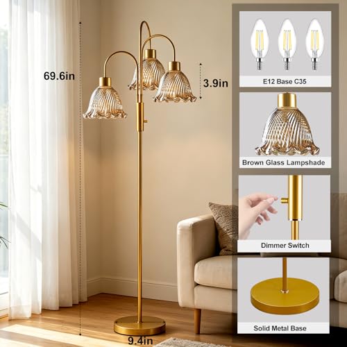Glass Floor Lamp 3-Light 70" Amber Flower Gold Dimmable Tall Standing Lamps - color: Amber Flower-Gold