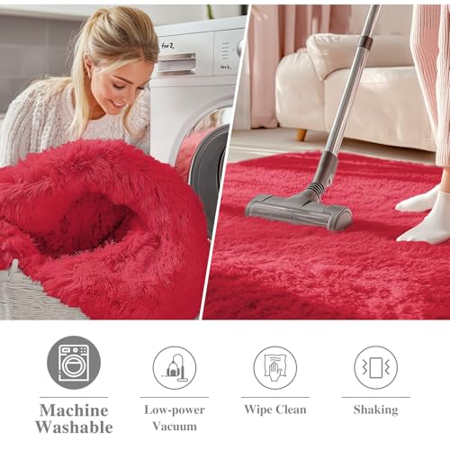 OLANLY Red Round Rugs for Bedroom - Machine Washable, 2 ft Circle Area Rugs for Living Room, Soft and Fluffy Shaggy Carpet for Teen Girls and Boys, Nursery Rooms, Dorms, Home Decor Aesthetic - color: Red, size: 2 Ft Round